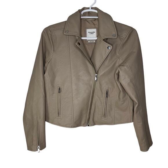 Abercrombie‎ & Fitch Women's XL Vegan Faux Leather Moto Jacket Tan Zip Up EUC - Picture 1 of 5